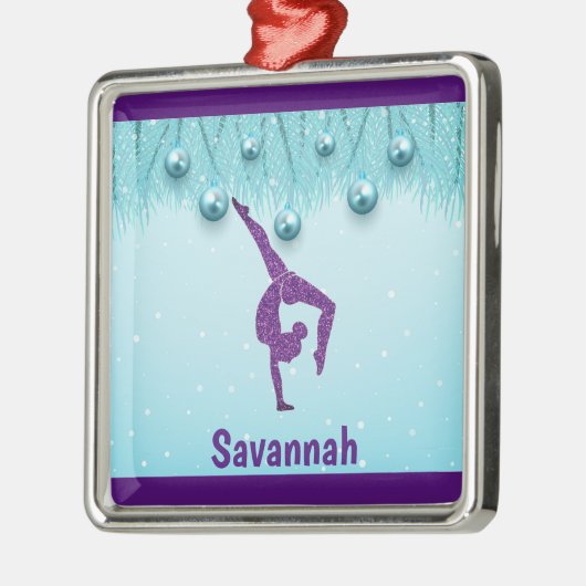 体操クリスマスパープルアクアパーソナライズされた メタルオーナメント (左)