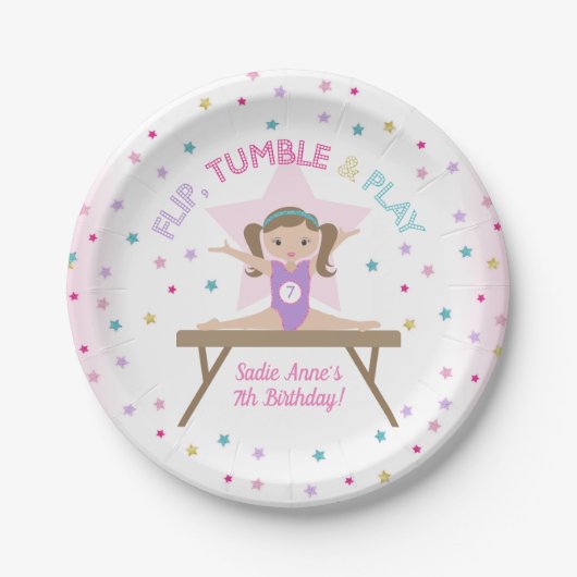 体操ジャンプかわいい茶色の髪の誕生日パーティー ペーパープレート (正面)