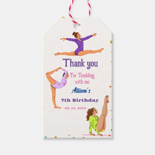 体操ジャンプCartwheels女の子の誕生日パーティー ギフトタグ (正面)