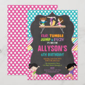 体操タンブリングパーティー誕生日パーティーの女の子 招待状 (正面/裏面)