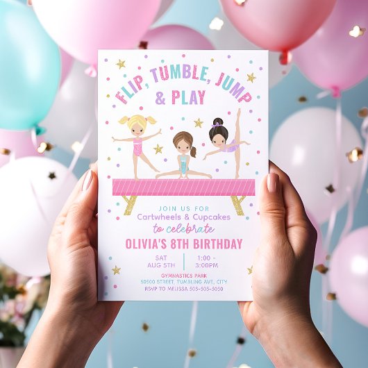 体操タンブルピンク誕生日招待状 招待状