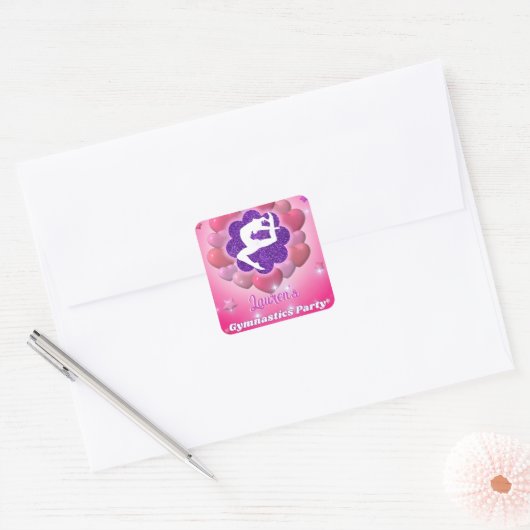 体操バースデーパーティーピンクパープルハートスター スクエアシール (封筒)