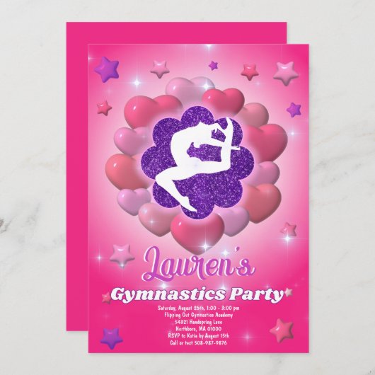 体操バースデーパーティーピンクパープル招待状 招待状 (正面/裏面)