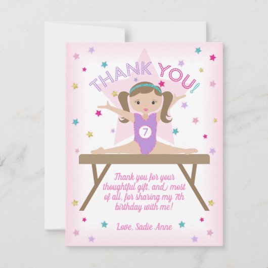 体操バースデーパーティー茶色の髪ありがとう サンキューカード (正面)