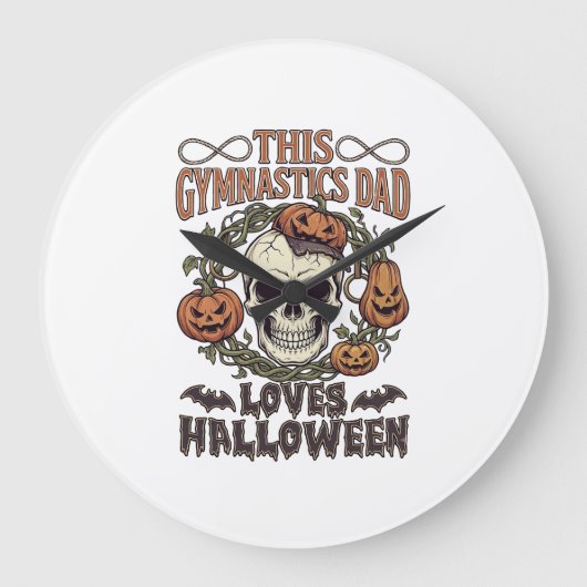 体操パパ ハロウィン スカル パンプキン コウモリ好き ラージ壁時計 (正面)