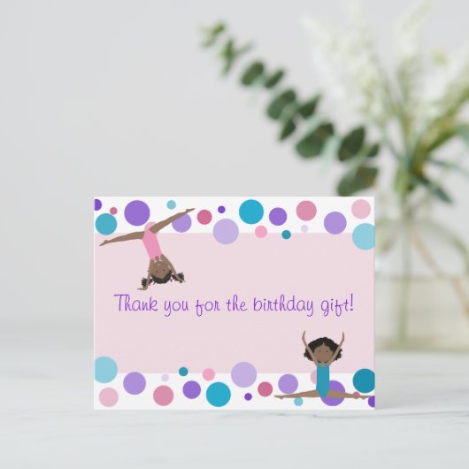 体操パーティーピンク、紫、アクアでお礼 ポストカード (スタンド正面)