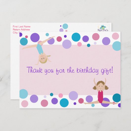 体操パーティーピンク、紫、アクアでお礼 ポストカード (正面/裏面)