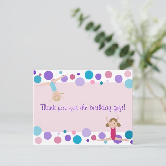 体操パーティーピンク、紫、アクアでお礼 ポストカード (スタンド正面)