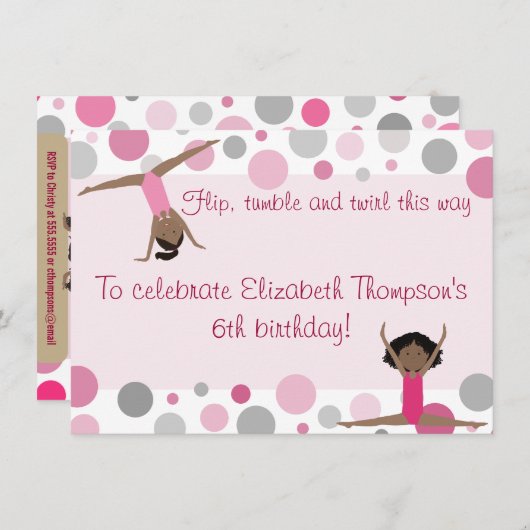 体操パーティー ダークヘアの女の子たち ピンクとグレー 招待状 (正面/裏面)