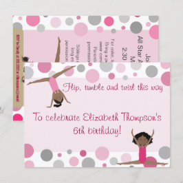 体操パーティー ダークヘアの女の子たち ピンクとグレー 招待状