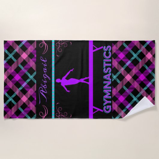 体操ビームピンクパープルティール（緑がかった色）タータンチェック ビーチタオル (正面)