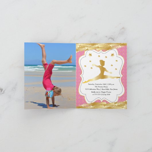 体操ピンクの金ゴールドスターズガールフォトバースデーパーティー 招待状 (内部)