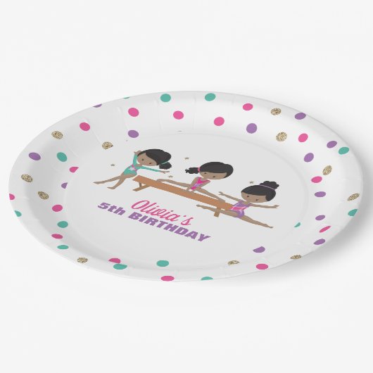 体操ピンクパープルターコイズガール誕生日パップ ペーパープレート (アングル)