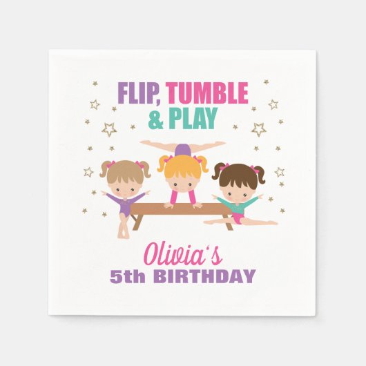体操ピンクパープルターコイズガール誕生日 スタンダードカクテルナプキン (正面)