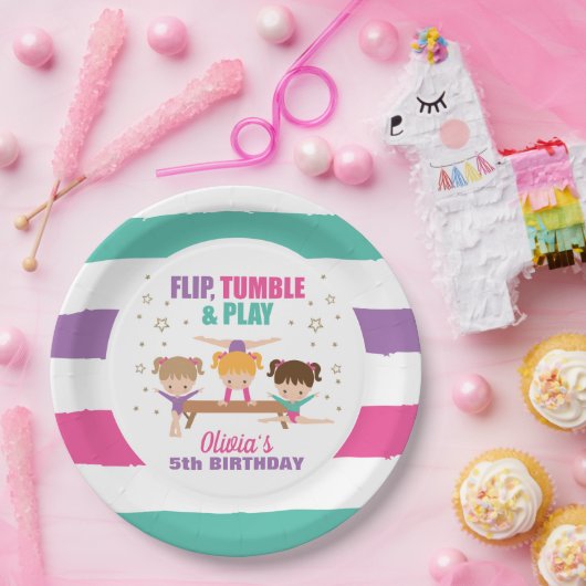 体操ピンクパープルターコイズガール誕生日 ペーパープレート (パーティー)