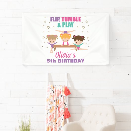 体操ピンクパープルターコイズガール誕生日 横断幕 (インサイチュ)