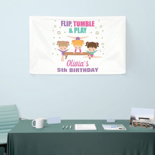 体操ピンクパープルターコイズガール誕生日 横断幕 (トレードショー)