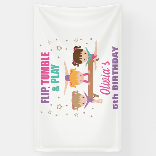 体操ピンクパープルターコイズガール誕生日 横断幕 (縦)