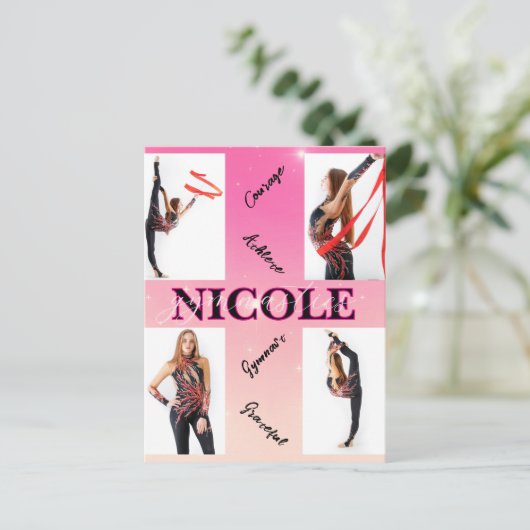 体操ピンク4フォト勇気付けられる インビテーションポストカード (スタンド正面)