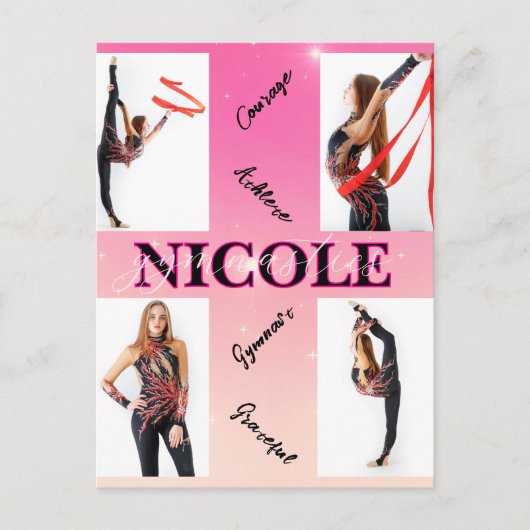 体操ピンク4フォト勇気付けられる シーズンポストカード (正面)