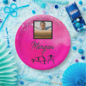 体操ピンク、シルバー、グリッターカスタム写真/名前 ペーパープレート (パーティー)