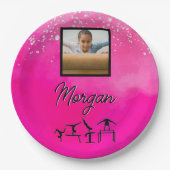 体操ピンク、シルバー、グリッターカスタム写真/名前 ペーパープレート (正面)