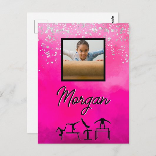 体操ピンク、シルバー、グリッターカスタム写真/名前 ポストカード (正面/裏面)