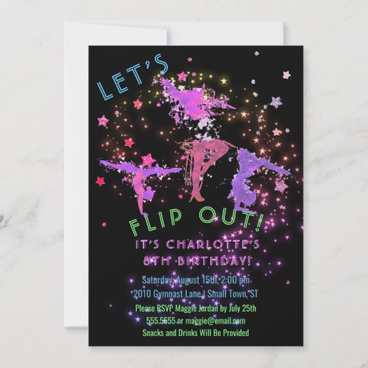 体操フリップガールズバースデーパーティー招待状 招待状 (正面)
