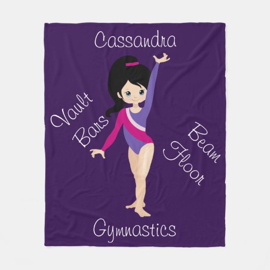体操ブラックヘア、ブルーアイズ、パープルレオタード フリースブランケット (正面)