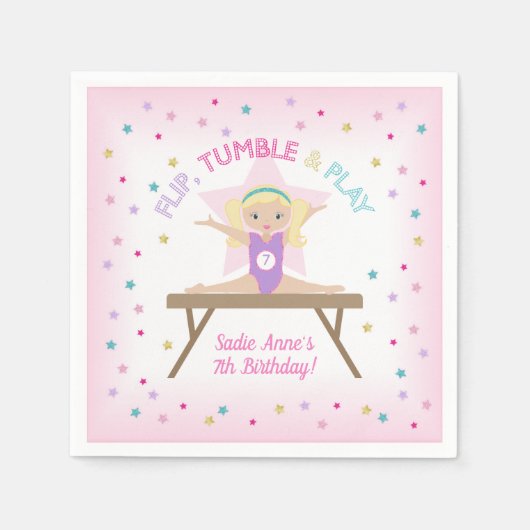 体操ブロンド体操ジャンプ誕生日パーティー スタンダードカクテルナプキン (正面)
