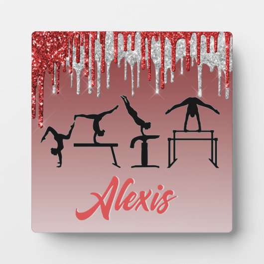 体操レッドとシルバーのグリッタードリップグラデーション フォトプラーク (正面)