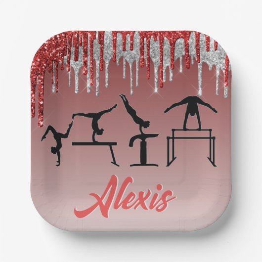 体操レッドとシルバーのグリッタードリップグラデーション ペーパープレート (正面)