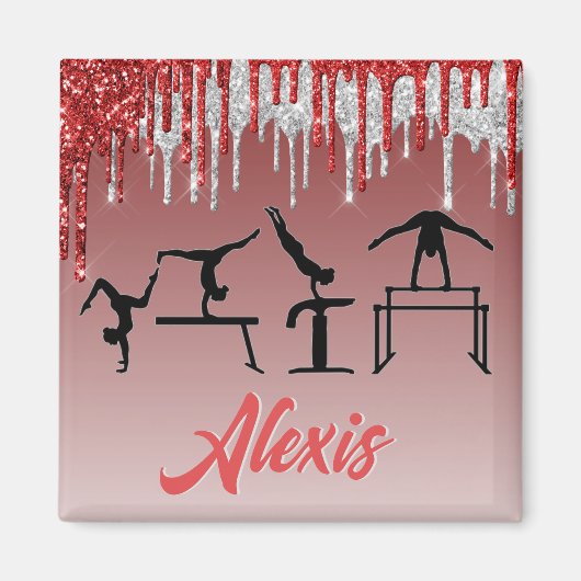 体操レッドとシルバーのグリッタードリップグラデーション マグネット (正面)