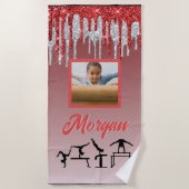 体操レッド&シルバーグリッタードリップカスタム写真 ビーチタオル (正面)