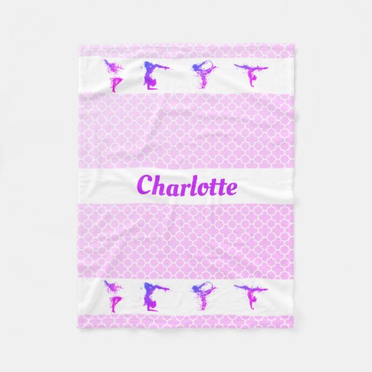 体操女子ネームパープルピンククローバー フリースブランケット (正面)
