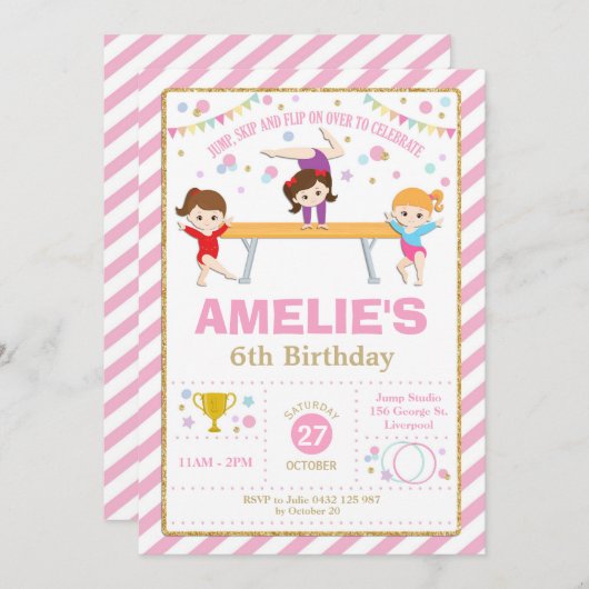 体操誕生日ダンスパーティーガールピンクと金ゴールド 招待状 (正面/裏面)