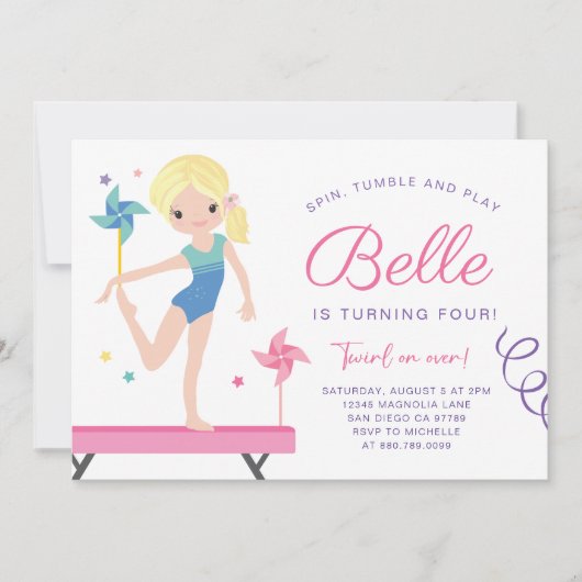 体操誕生日招待状とPinwheels 招待状 (正面)