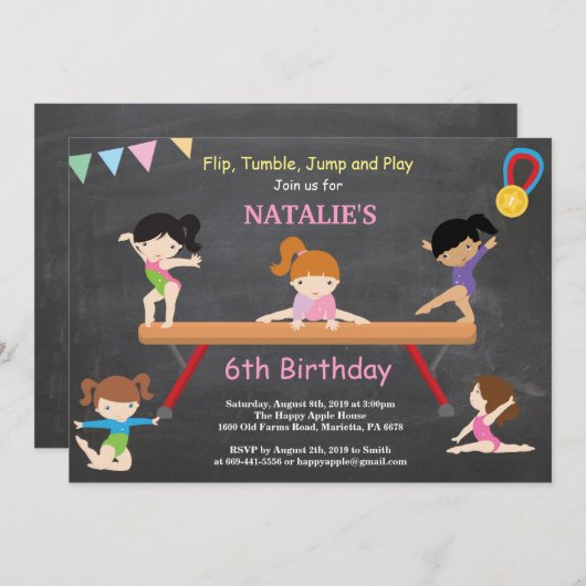 体操誕生日招待状ピンクジムパーティー 招待状 (正面/裏面)