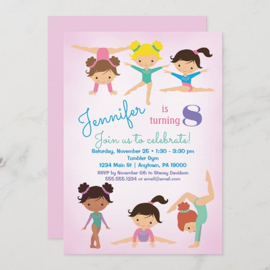 体操誕生日招待状 – ガールズピンク 招待状 (正面/裏面)