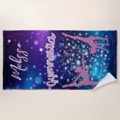 体操銀河系パープルターコイズ パーソナライズされた ビーチタオル (正面)
