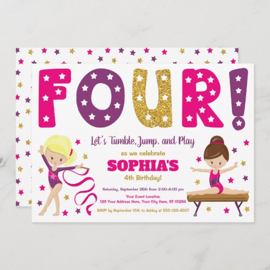 体操4th誕生日招待状 |ホットピンク 招待状 (正面/裏面)