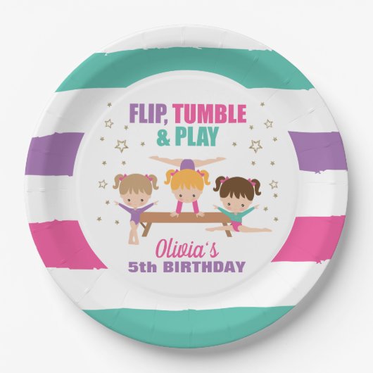 体操 ピンク パープル ターコイズ 女の子 誕生日 ペーパープレート (正面)