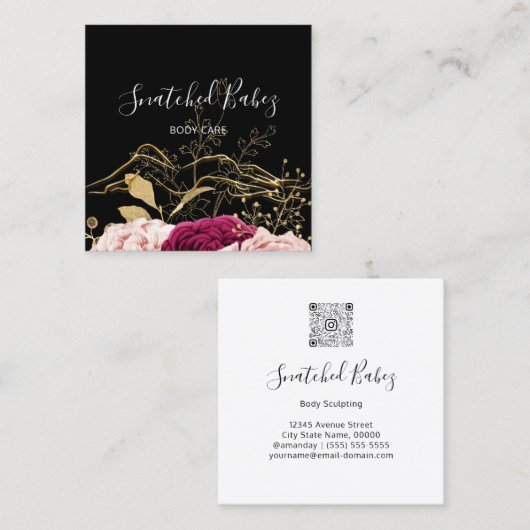 体気にスカルプトQRCODEブラック金ゴールドフラワーバラ スクエア名刺 (正面/裏面)