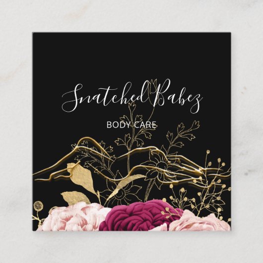 体気にスカルプトQRCODEブラック金ゴールドフラワーバラ スクエア名刺 (正面)