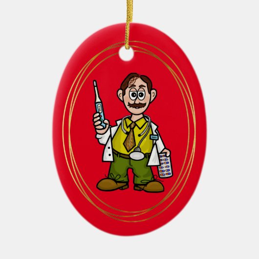 体温計付き男性医師とピルオーナメント セラミックオーナメント (正面)