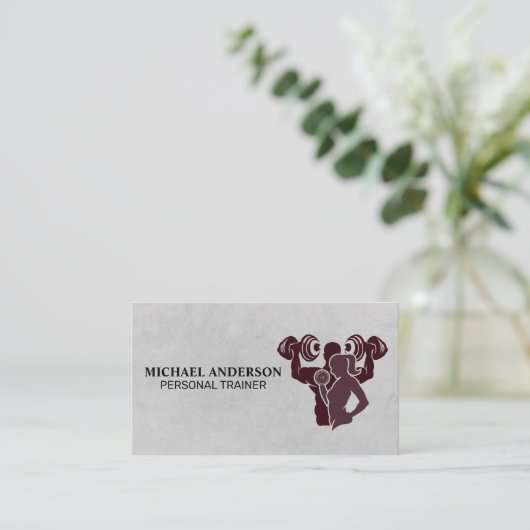 体重を持ち上げる男性の女性 | フィットネス 名刺 (スタンド正面)