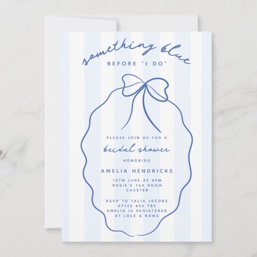 何お洒落名門私立校風のか青いブライダルシャワー 招待状 (正面)