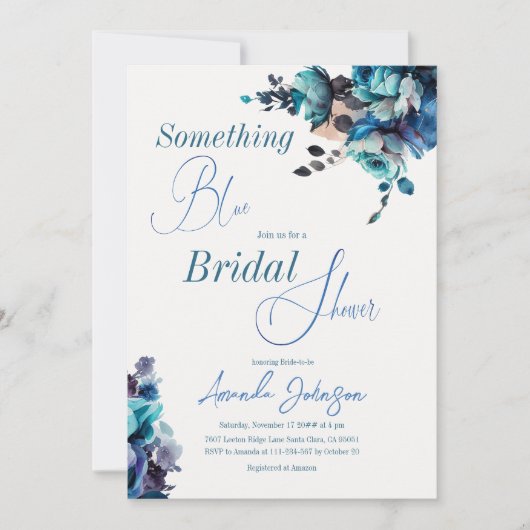 何かブルーウォーターカラーブーケブライダルシャワー 招待状 (正面)