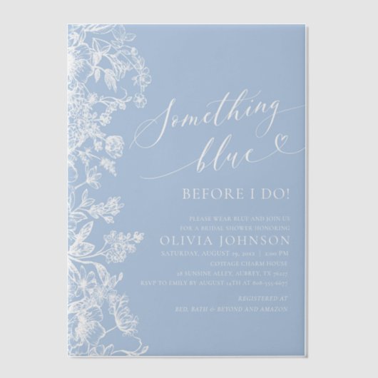 何かブルーホワイトワイルドフラワーブライダルシャワー ベラム紙招待状 (正面)