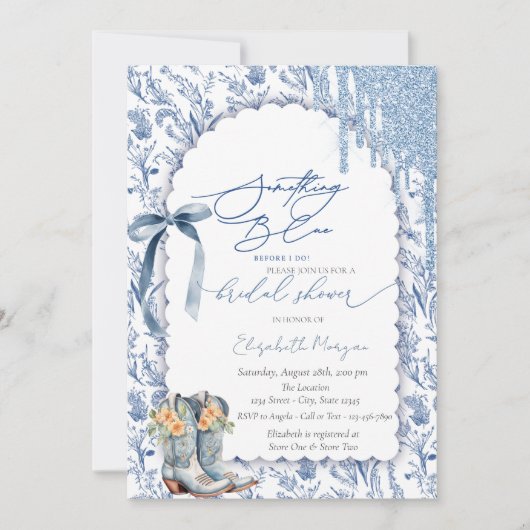 何かブルーボウドリップカウボーイブーツフローラ 招待状 (正面)